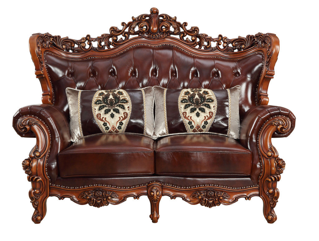 69" Brown And Walnut Top Grain Leather Curved Loveseat and Toss Pillows-1