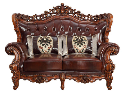69" Brown And Walnut Top Grain Leather Curved Loveseat and Toss Pillows-1