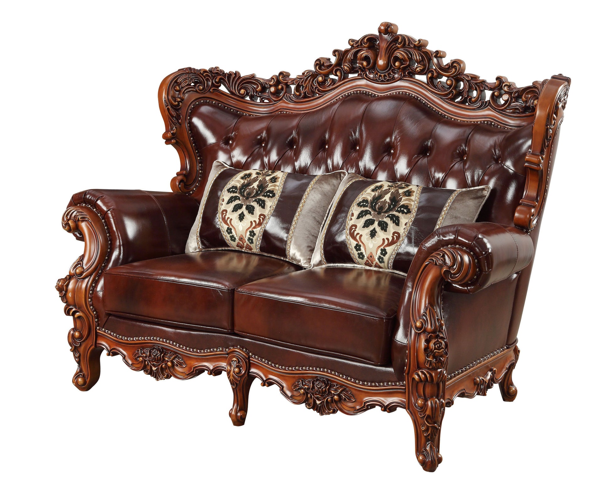 69" Brown And Walnut Top Grain Leather Curved Loveseat and Toss Pillows-4