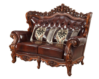 69" Brown And Walnut Top Grain Leather Curved Loveseat and Toss Pillows-6