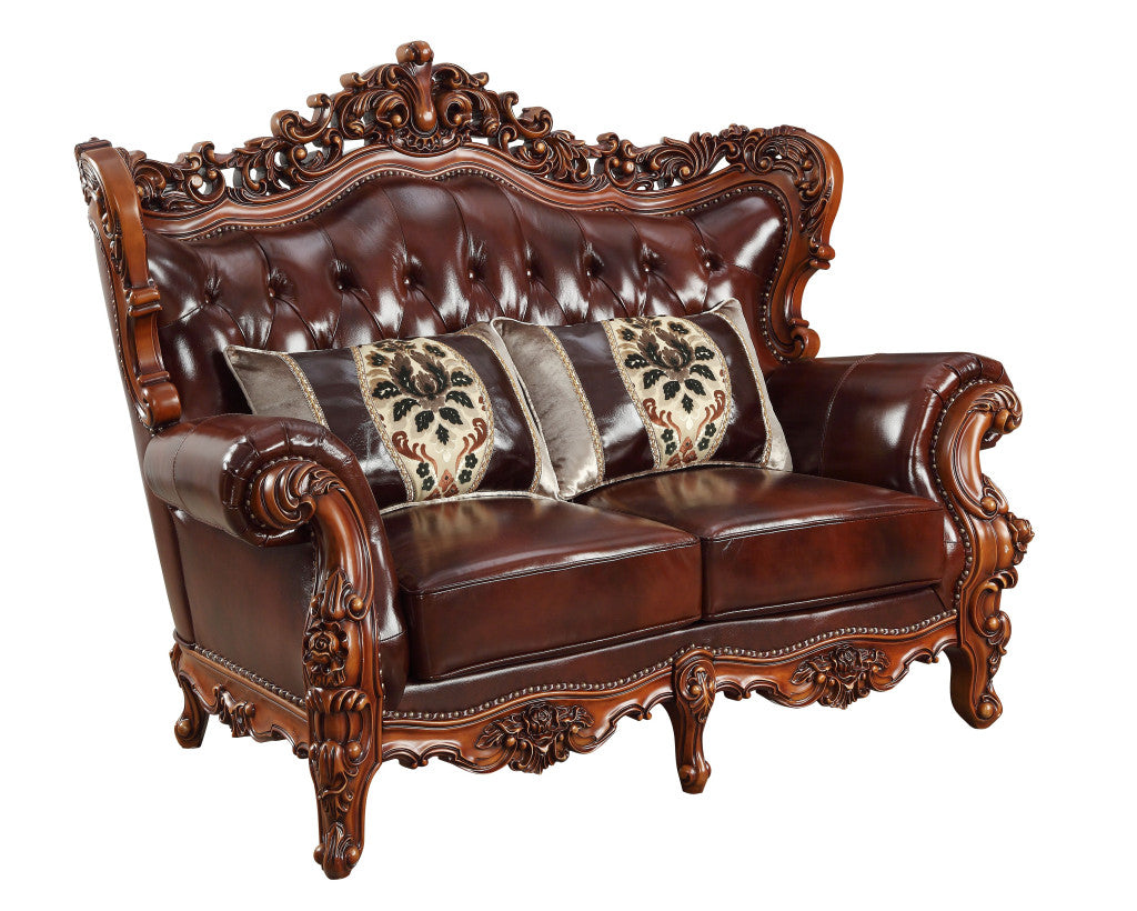 69" Brown And Walnut Top Grain Leather Curved Loveseat and Toss Pillows-2