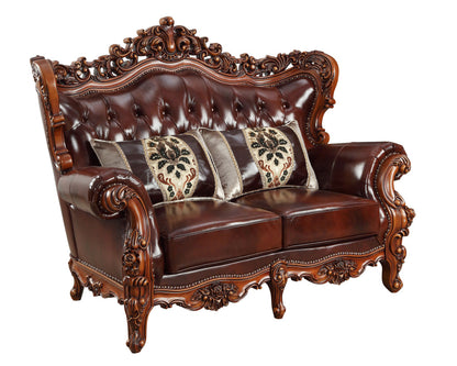 69" Brown And Walnut Top Grain Leather Curved Loveseat and Toss Pillows-2