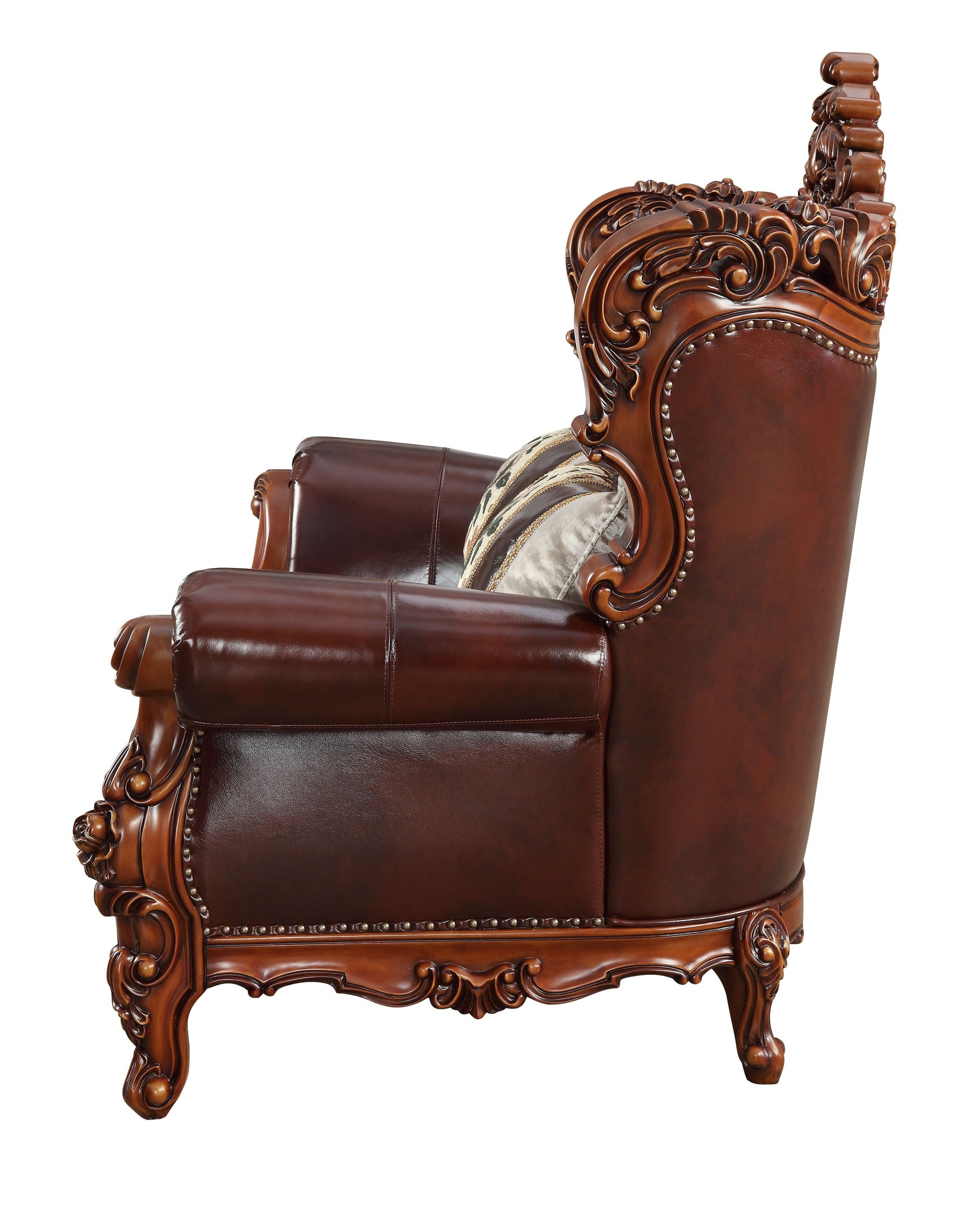 69" Brown And Walnut Top Grain Leather Curved Loveseat and Toss Pillows-7