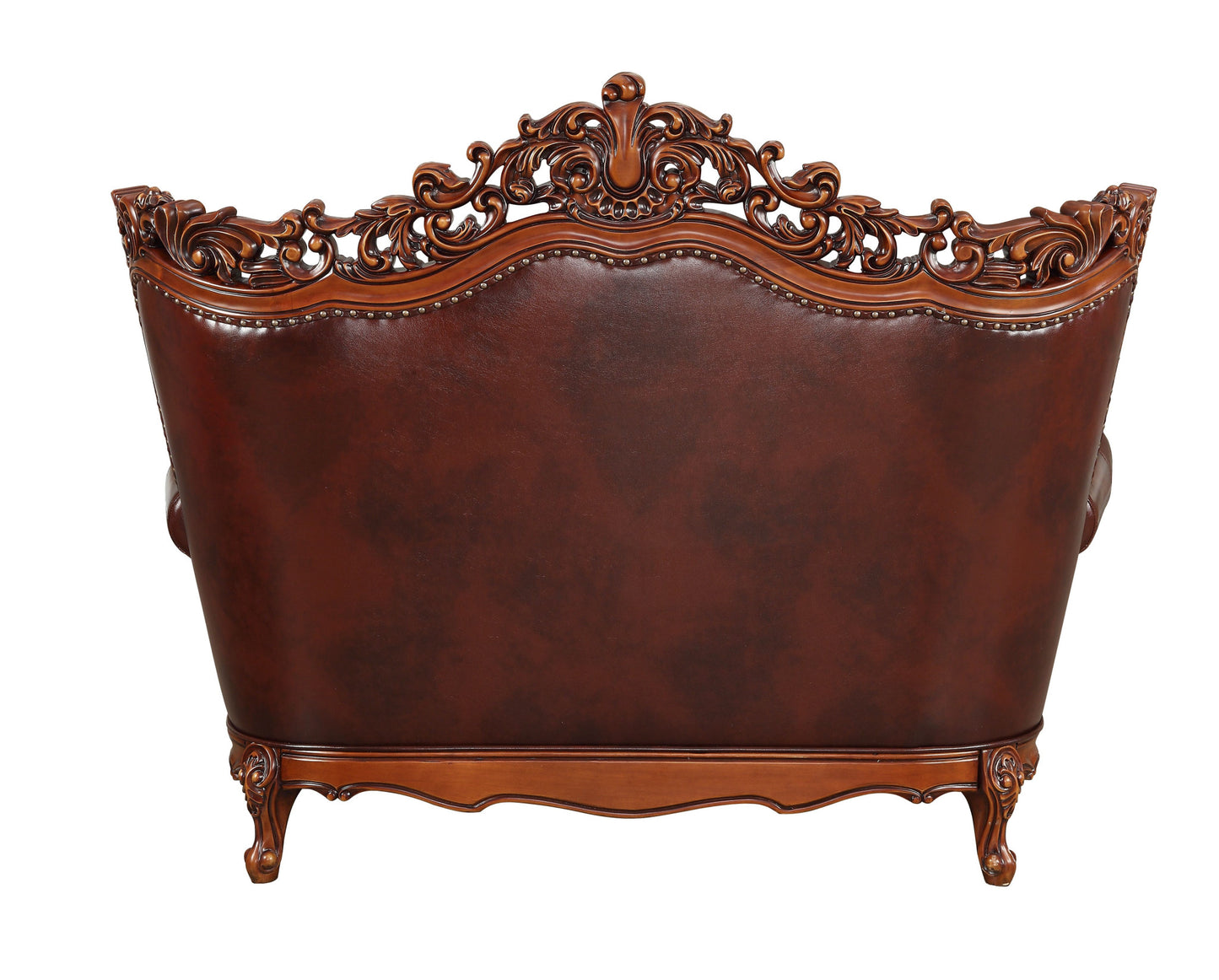 69" Brown And Walnut Top Grain Leather Curved Loveseat and Toss Pillows-3