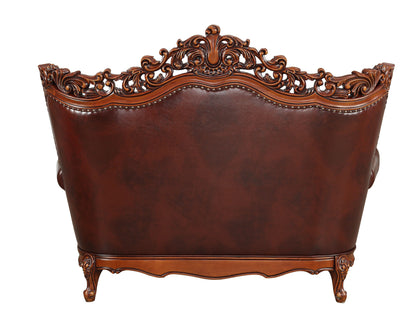 69" Brown And Walnut Top Grain Leather Curved Loveseat and Toss Pillows-3