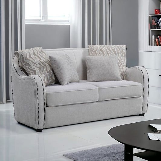 63" Beige And Black Linen Curved Loveseat and Toss Pillows - Loft&Timber