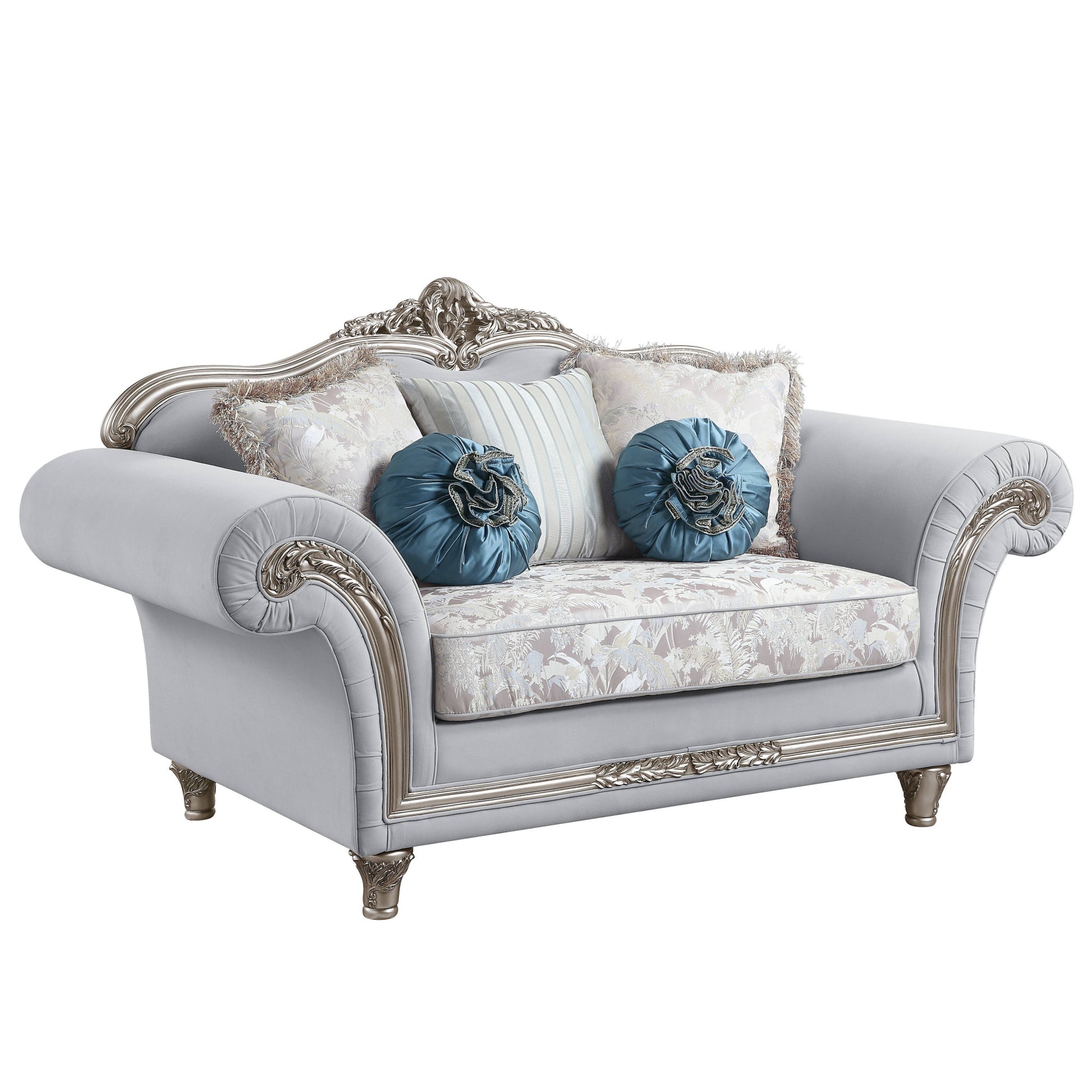 76" Light Gray And Platinum Linen Loveseat and Toss Pillows-1