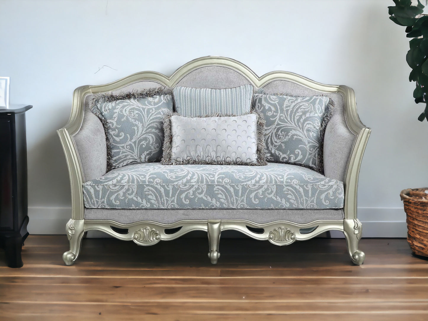 66" Light Gray And Champagne Linen Damask Loveseat and Toss Pillows - Loft&Timber