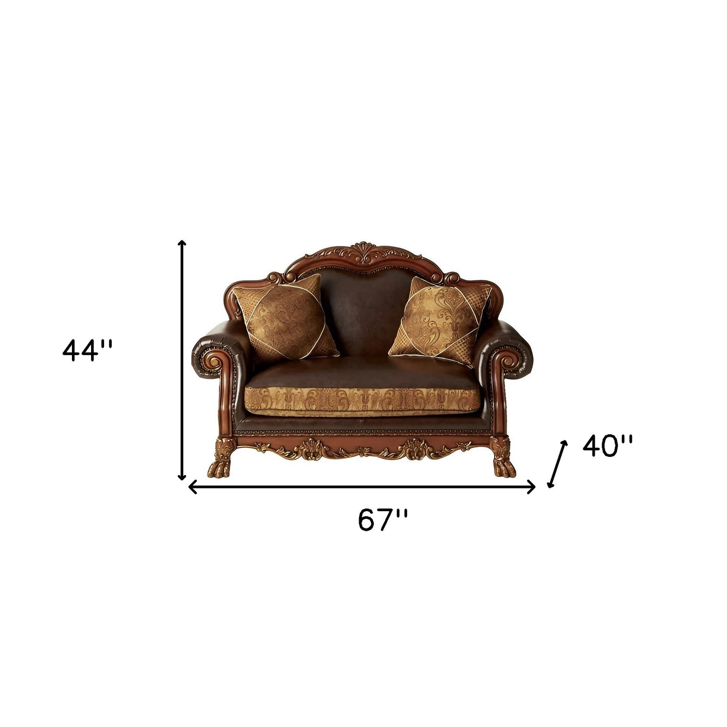 67" Brown And Redwood Faux Leather Loveseat and Toss Pillows - Loft&Timber