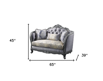 65" Gray And Platinum Silk Blend Loveseat and Toss Pillows - Loft&Timber