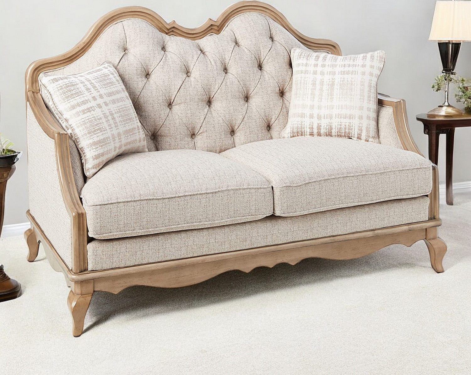 62" Beige And Brown Linen Loveseat and Toss Pillows - Loft&Timber