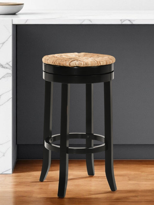 30" Natural And Black Solid Wood Swivel Backless Bar Height Bar Chair - Loft&Timber