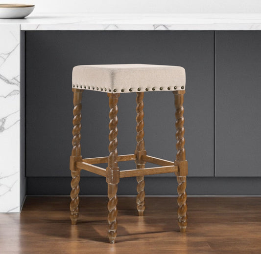 30" Cream And Natural Solid Wood Backless Bar Height Bar Chair - Loft&Timber