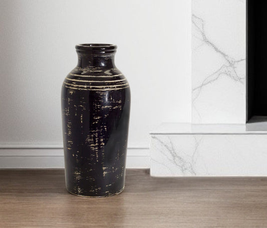 18" Black and Ivory Striped Urn Ceramic Floor Vase - Loft&Timber