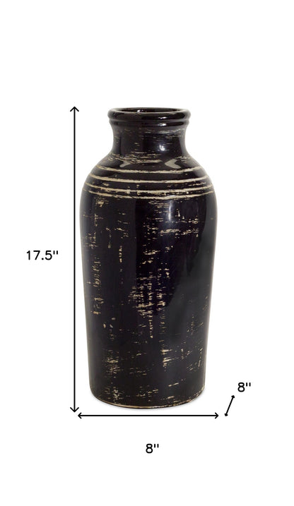 18" Black and Ivory Striped Urn Ceramic Floor Vase - Loft&Timber