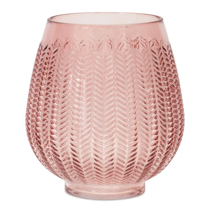 8" Pink Glass Textured Leaf Pattern Round Table Vase - Loft&Timber
