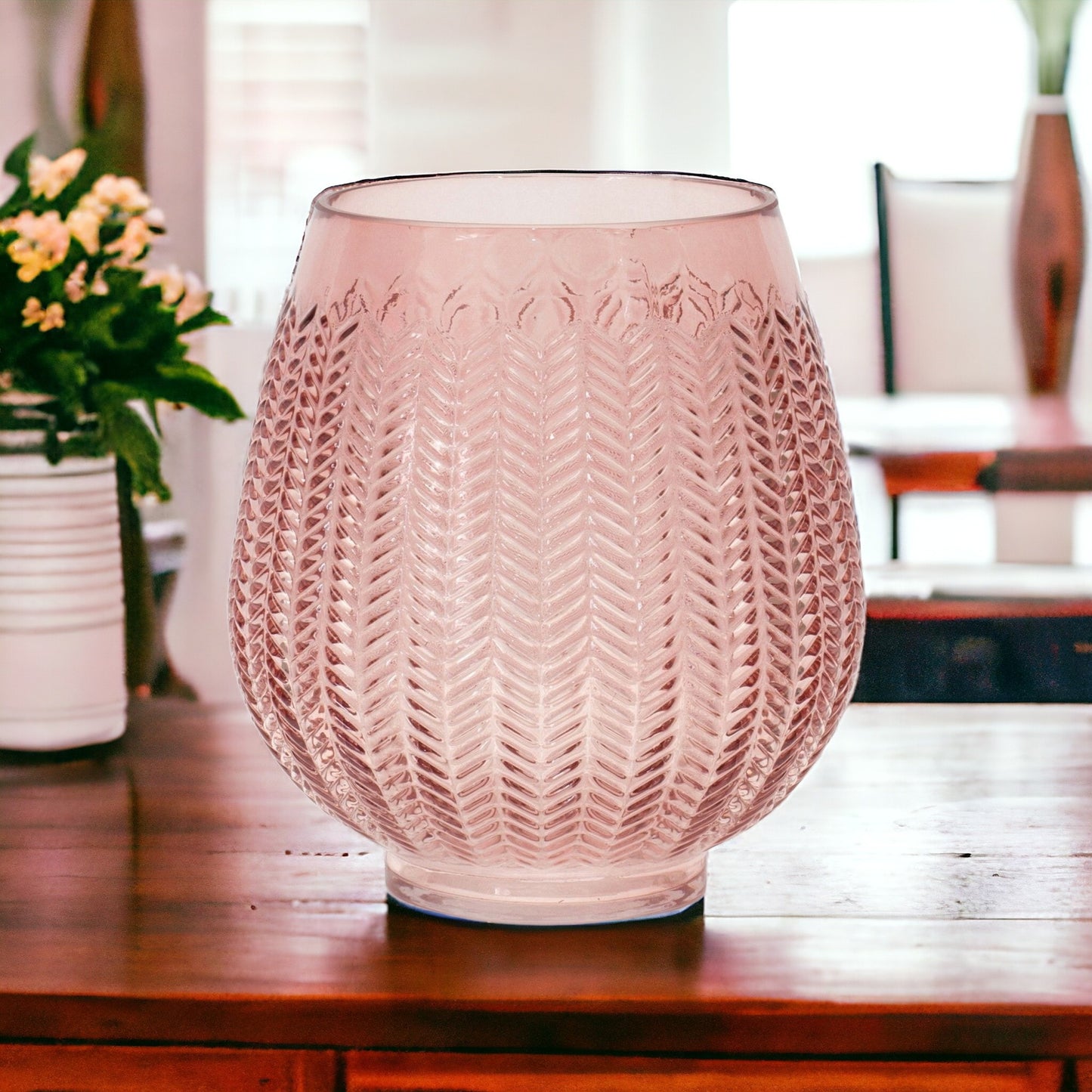 8" Pink Glass Textured Leaf Pattern Round Table Vase - Loft&Timber