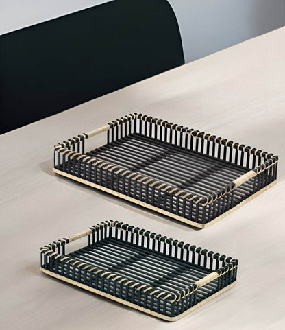 Set of Two Black Rectangular Solid Wood Serving Tray With Handles - Loft&Timber