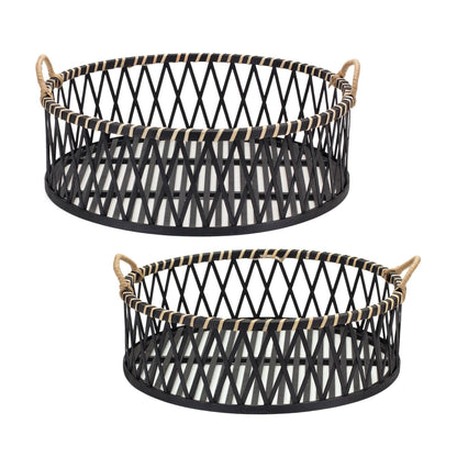 Set of Two Black and Tan Round Bamboo Serving Tray With Handles - Loft&Timber