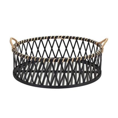 Set of Two Black and Tan Round Bamboo Serving Tray With Handles - Loft&Timber