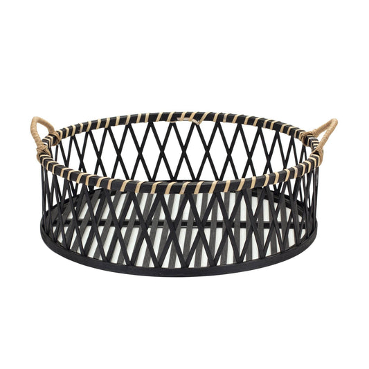 Set of Two Black and Tan Round Bamboo Serving Tray With Handles - Loft&Timber