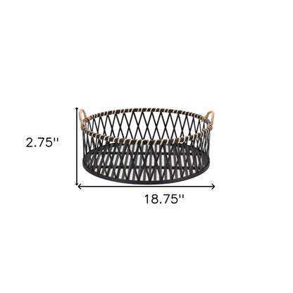 Set of Two Black and Tan Round Bamboo Serving Tray With Handles - Loft&Timber