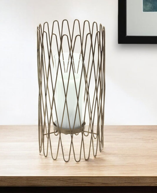 14" Gold Iron and Glass Tabletop Hurricane Candle Holder - Loft&Timber