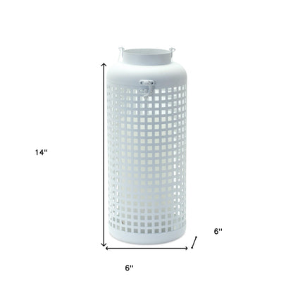 14" White Distressed Lattice Iron Floor Lantern Candle Holder - Loft&Timber
