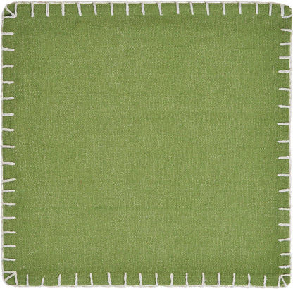 15" Set of Four Natural And Olive Green Embroidered Edge Cotton Square Placemats-2