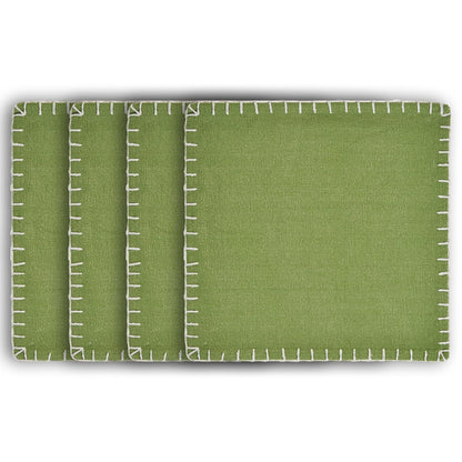 15" Set of Four Natural And Olive Green Embroidered Edge Cotton Square Placemats-1