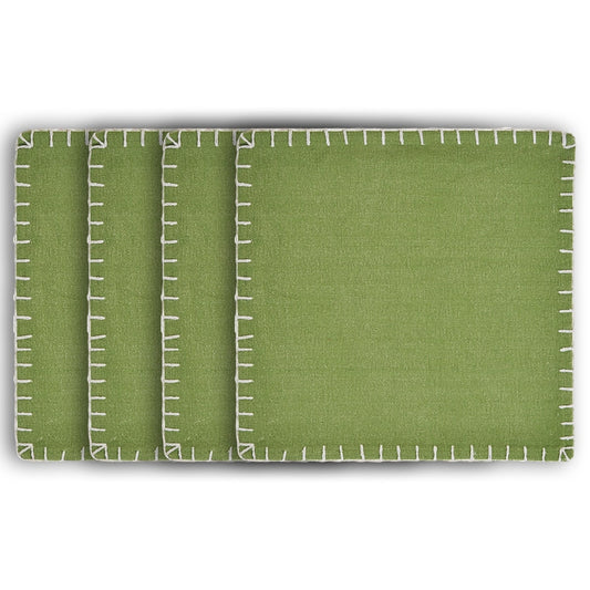 15" Set of Four Natural And Olive Green Embroidered Edge Cotton Square Placemats-1
