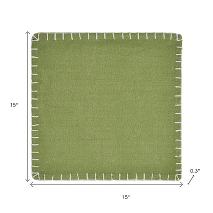 15" Set of Four Natural And Olive Green Embroidered Edge Cotton Square Placemats-6