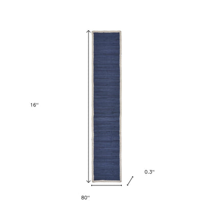 80" Navy Blue And Natural Solid With Border Cotton Table Runner - Loft&Timber