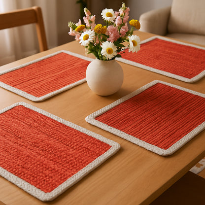 19" Set of Four Orange And Natural Solid With Border Cotton Placemats - Loft&Timber