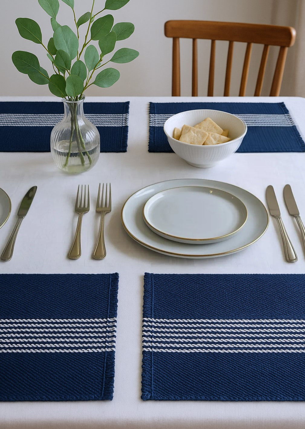 19" Set of Four Navy Blue And White Striped Cotton Placemats - Loft&Timber