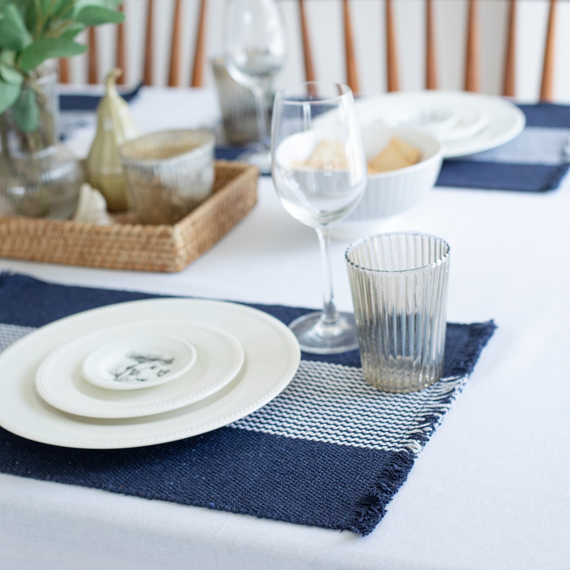 19" Set of Four Navy Blue And White Striped Cotton Placemats - Loft&Timber