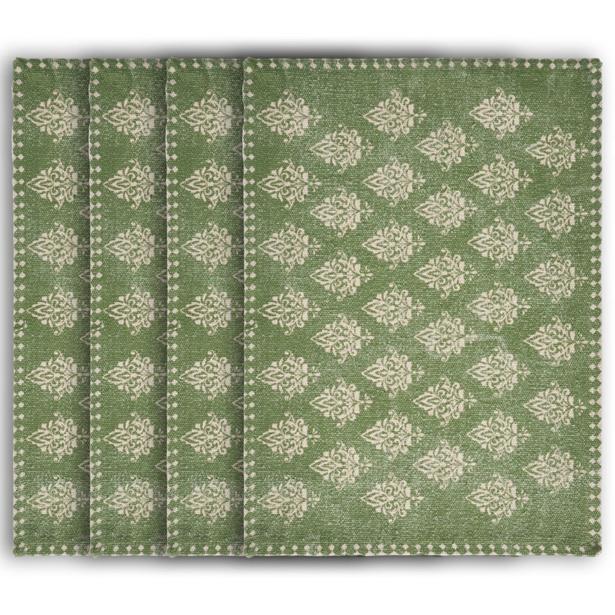 19" Set of Four Green And Cream Geometric Medallion Cotton Placemats - Loft&Timber