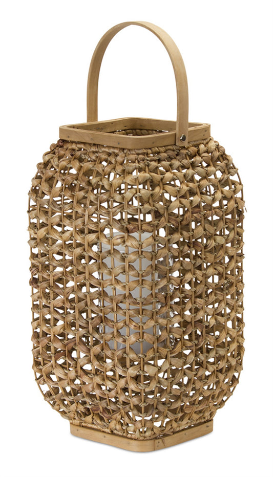 16" Natural Distressed Woven Glass And Wicker Floor Lantern Candle Holder - Loft&Timber