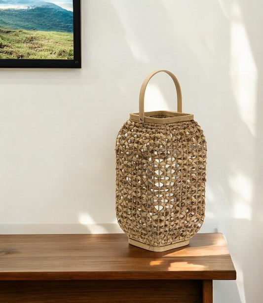 16" Natural Distressed Woven Glass And Wicker Floor Lantern Candle Holder - Loft&Timber