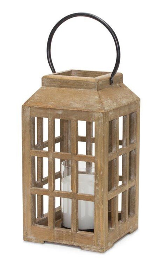 13" Natural Distressed Wood And Glass Centerpiece Lantern Candle Holder - Loft&Timber