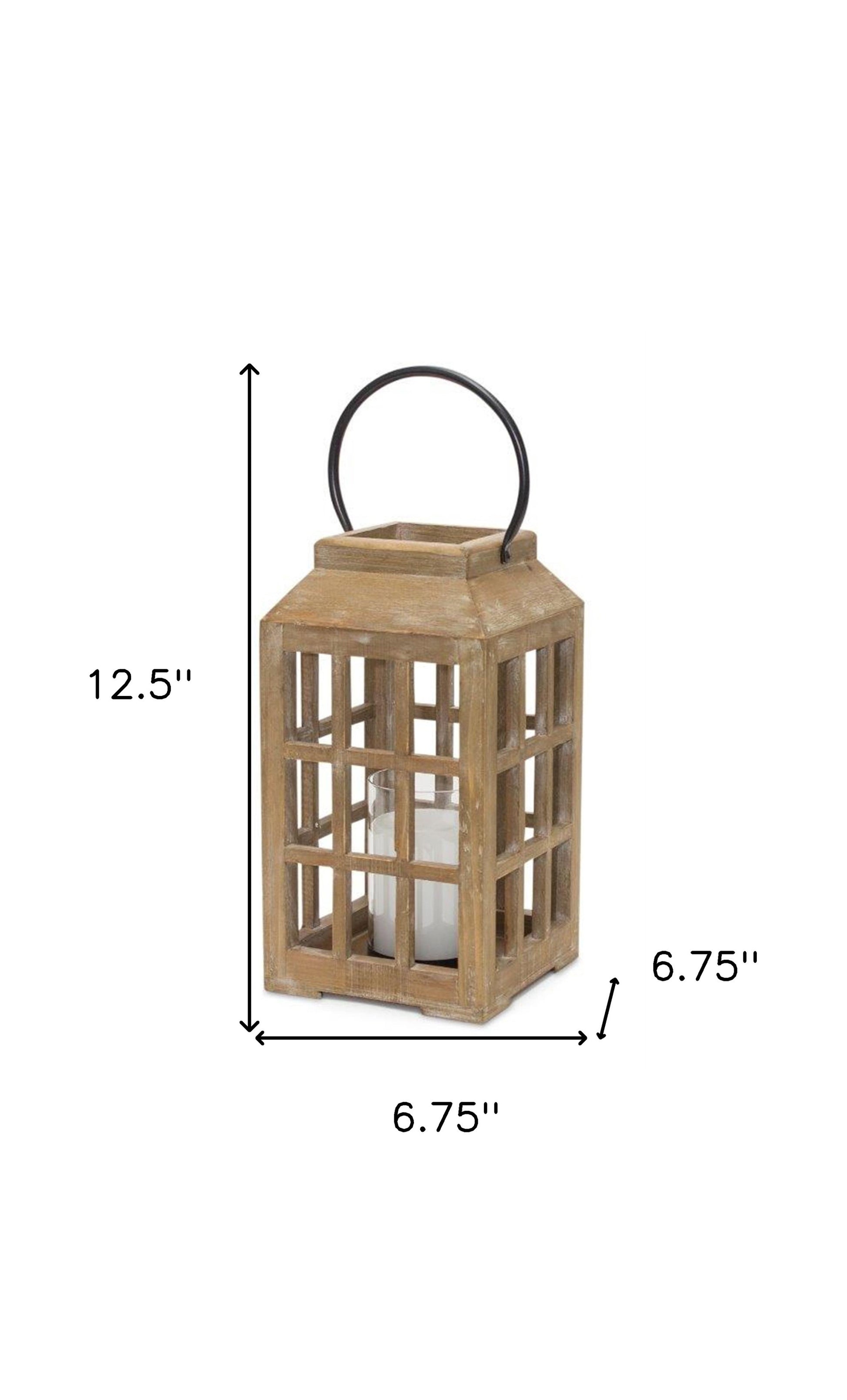13" Natural Distressed Wood And Glass Centerpiece Lantern Candle Holder - Loft&Timber