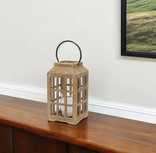 13" Natural Distressed Wood And Glass Centerpiece Lantern Candle Holder - Loft&Timber