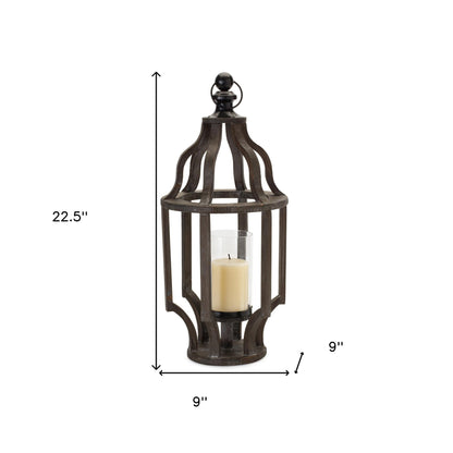 23" Black Geometric Wood And Glass Tabletop Lantern Candle Holder - Loft&Timber