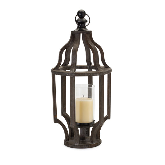 23" Black Geometric Wood And Glass Tabletop Lantern Candle Holder - Loft&Timber