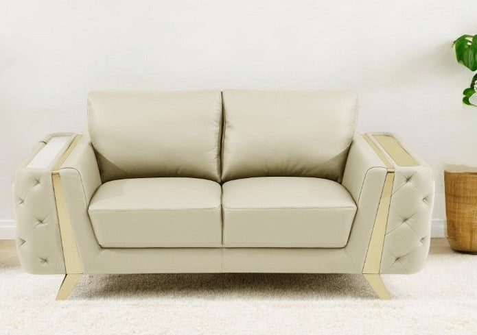 72" Beige And Gold Genuine Leather Loveseat - Loft&Timber