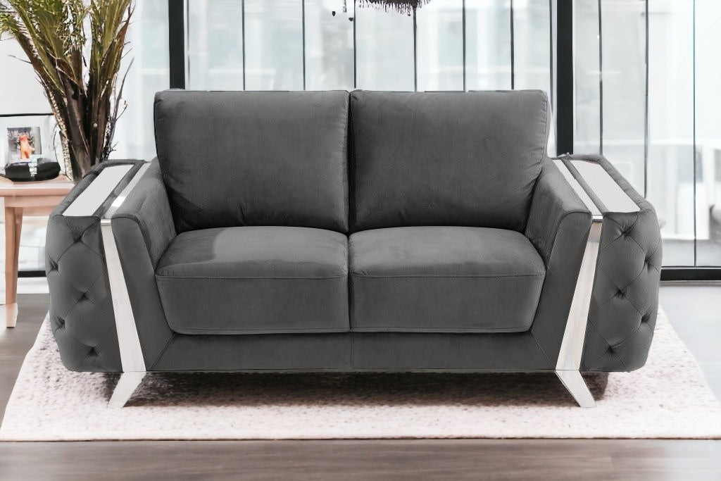 72" Dark Gray And Silver Velvet Loveseat - Loft&Timber