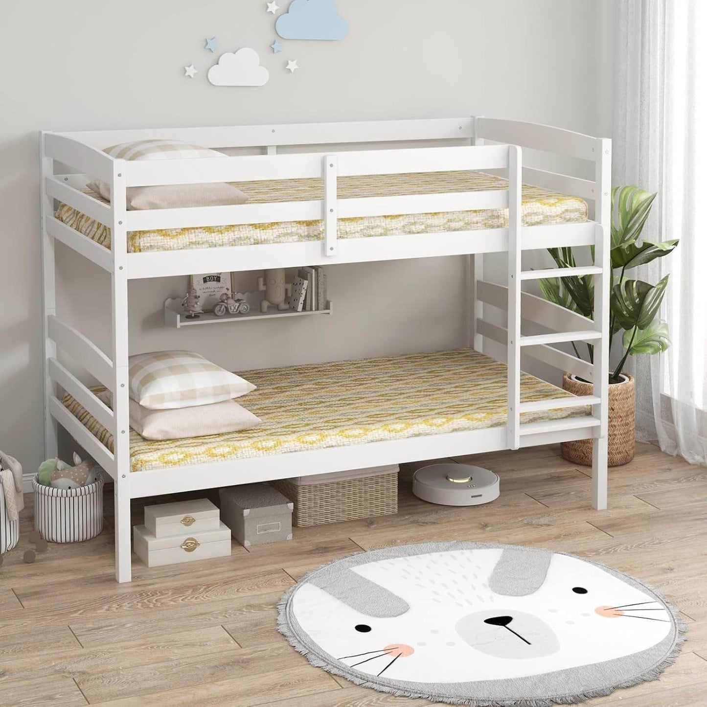 Bunk Bed Twin over Twin, Solid Wood Detachable Bed Frame with High Guardrails & Integrated Ladder, Wooden Slatted Bunk Bed for Kids & Teens, No Box Spring Needed, White - Loft&Timber