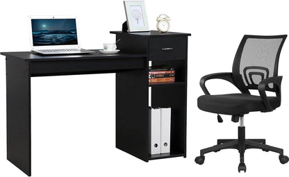 Modern Desk & Mesh Chair Set, Drawer, Shelves-1