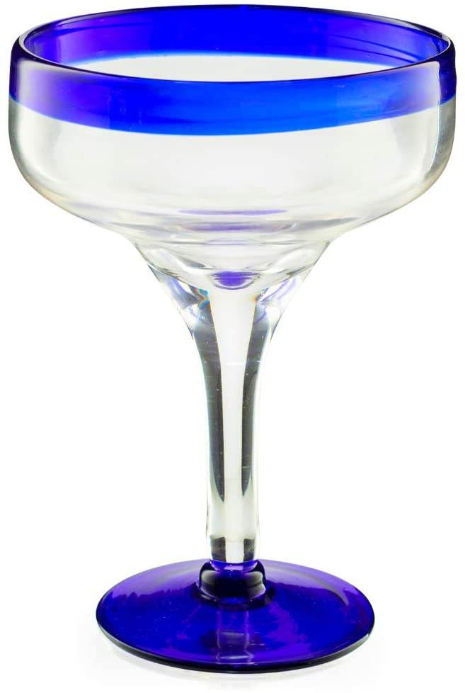 Mexican Hand Blown Glass – Set of 4 Large 16oz, Cobalt Blue Rim Line, Luxury Margarita & Cocktail Glasses, Mexico Design Large 16oz Cobalt Cinco de Mayo - The Wine Savant, Dishwasher Safe Glassware - Loft&Timber