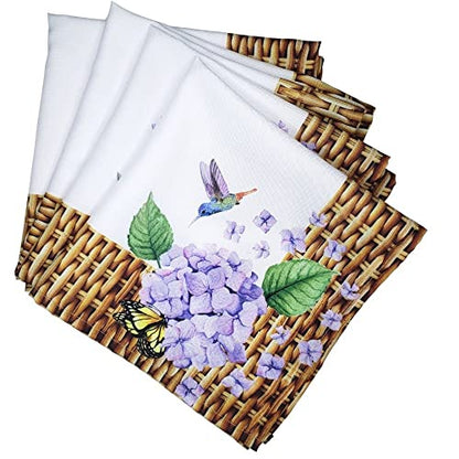 Charlo's Cloth Napkins Set of 4 Hydrangeas Flower Bird 16" by 16" - Lilac - Loft&Timber